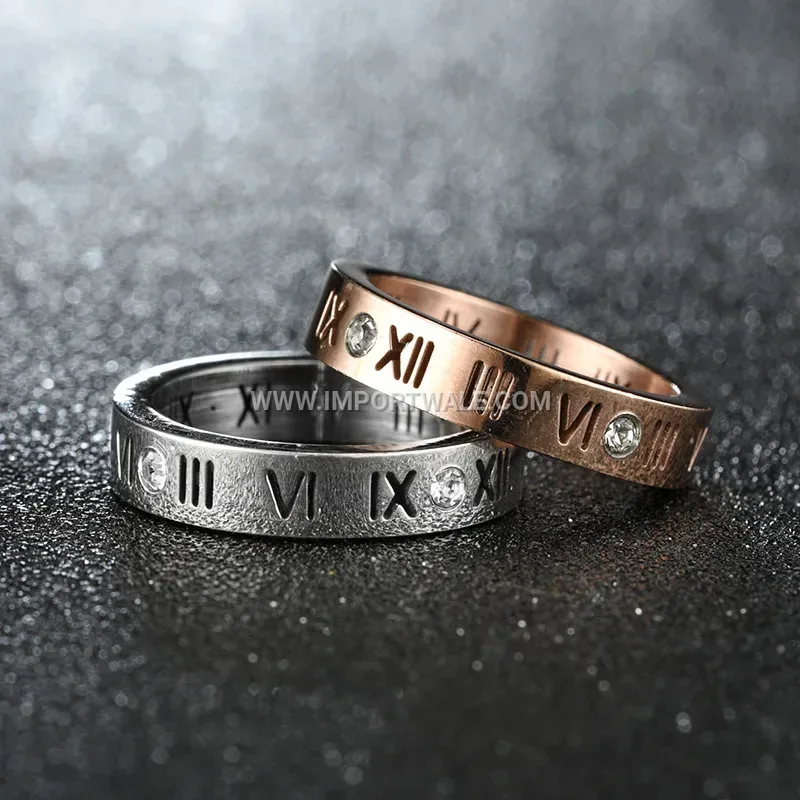 Stainless Steel Roman Numeral Crystal Inlaid Band Ring