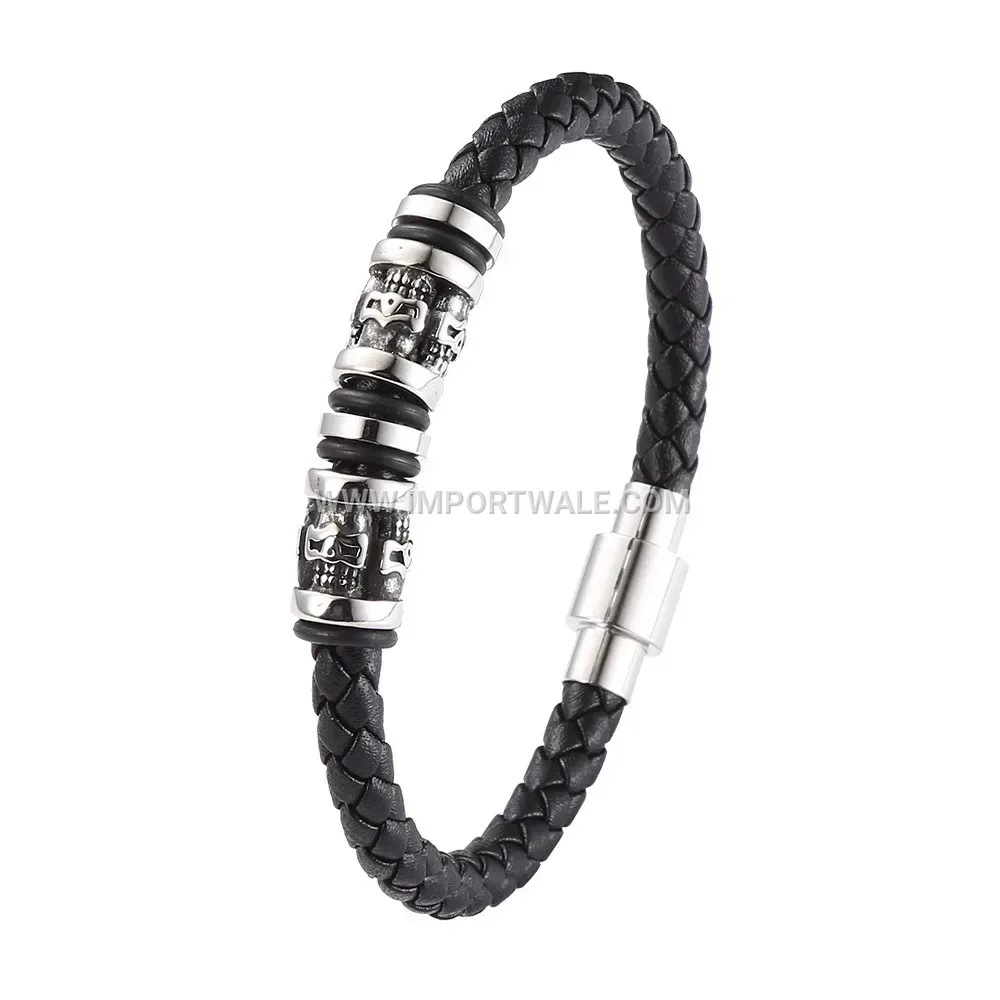 Edgy Skull Accent Leather and Stainless Steel Magnetic Clasp Bracelet