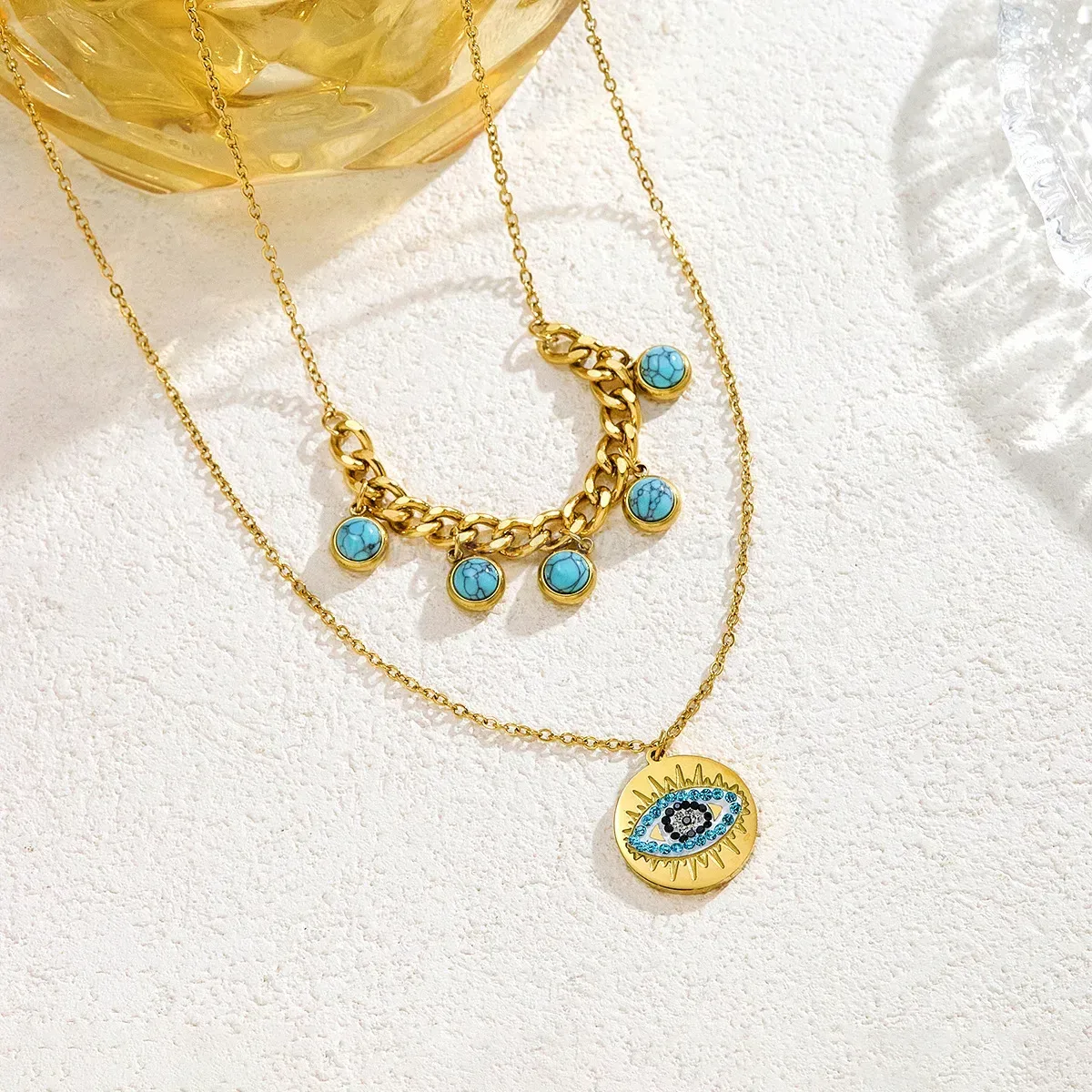 Layered Turquoise Evil Eye Pendant Stainless Steel Necklace