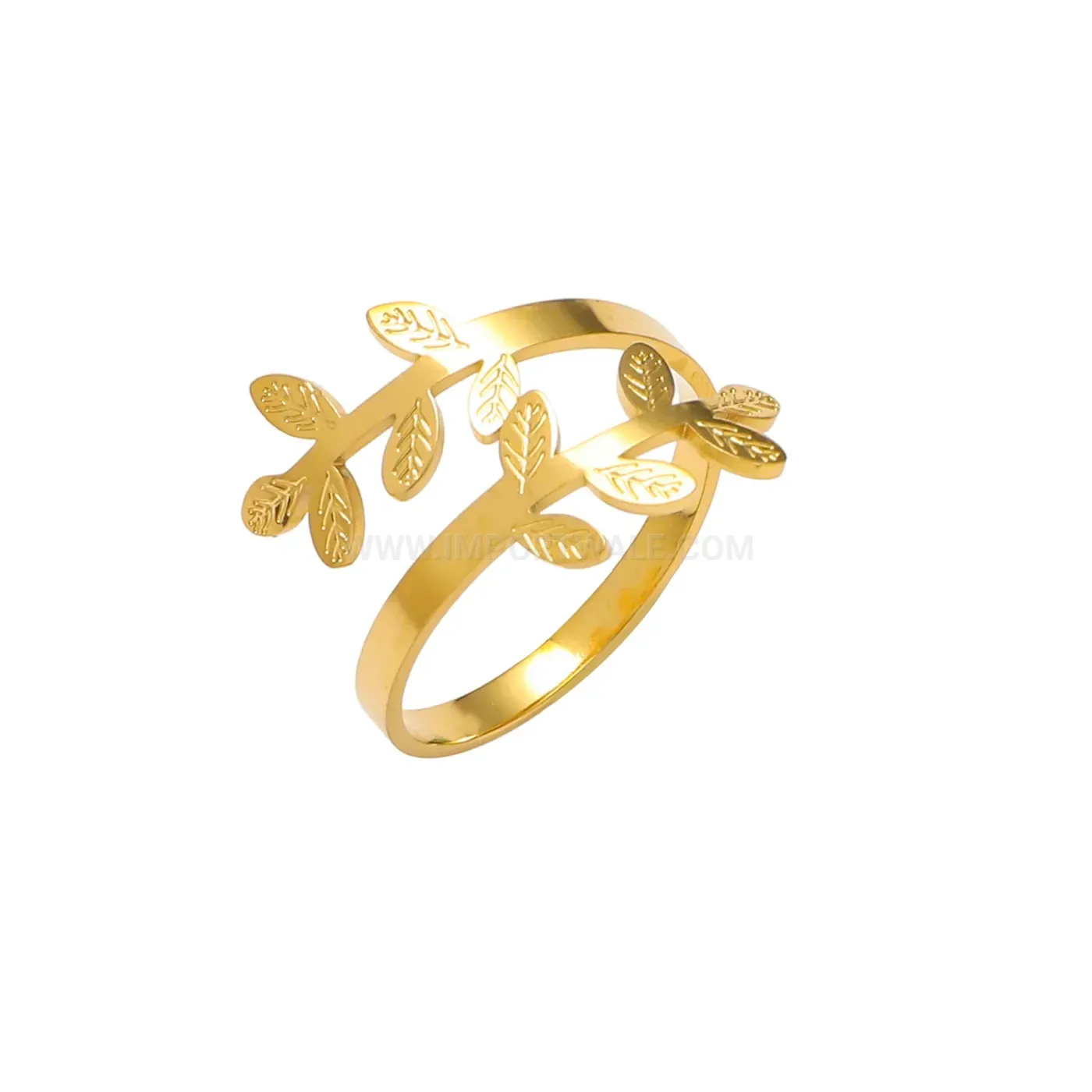 18K Gold Plated Olive Branch Adjustable Stainless Steel Leaf Band Ring