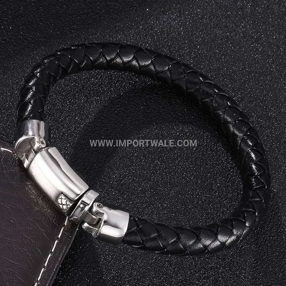 Men's Handcrafted Braided Leather Stainless Steel Snap Clasp Wristband
