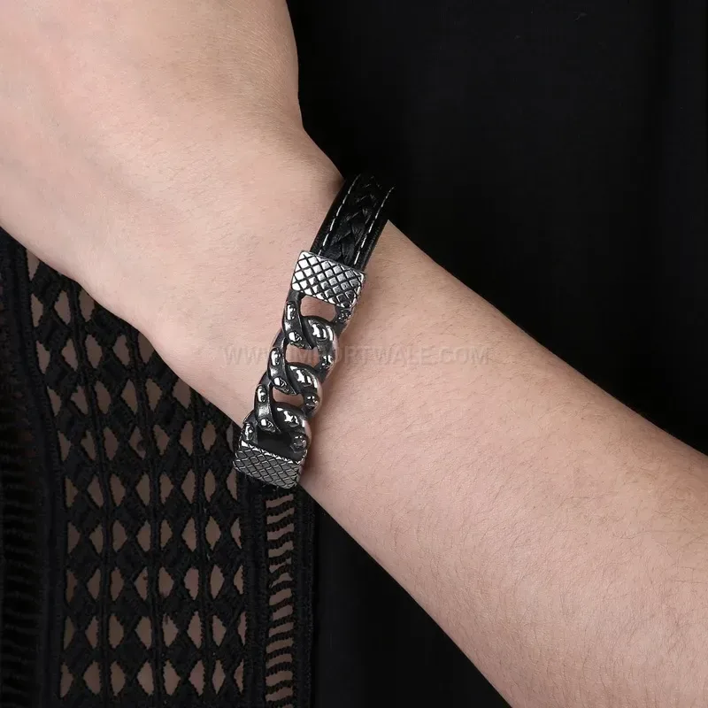 Chic Stainless Steel Skull Chain Leather Bangle Bracelet