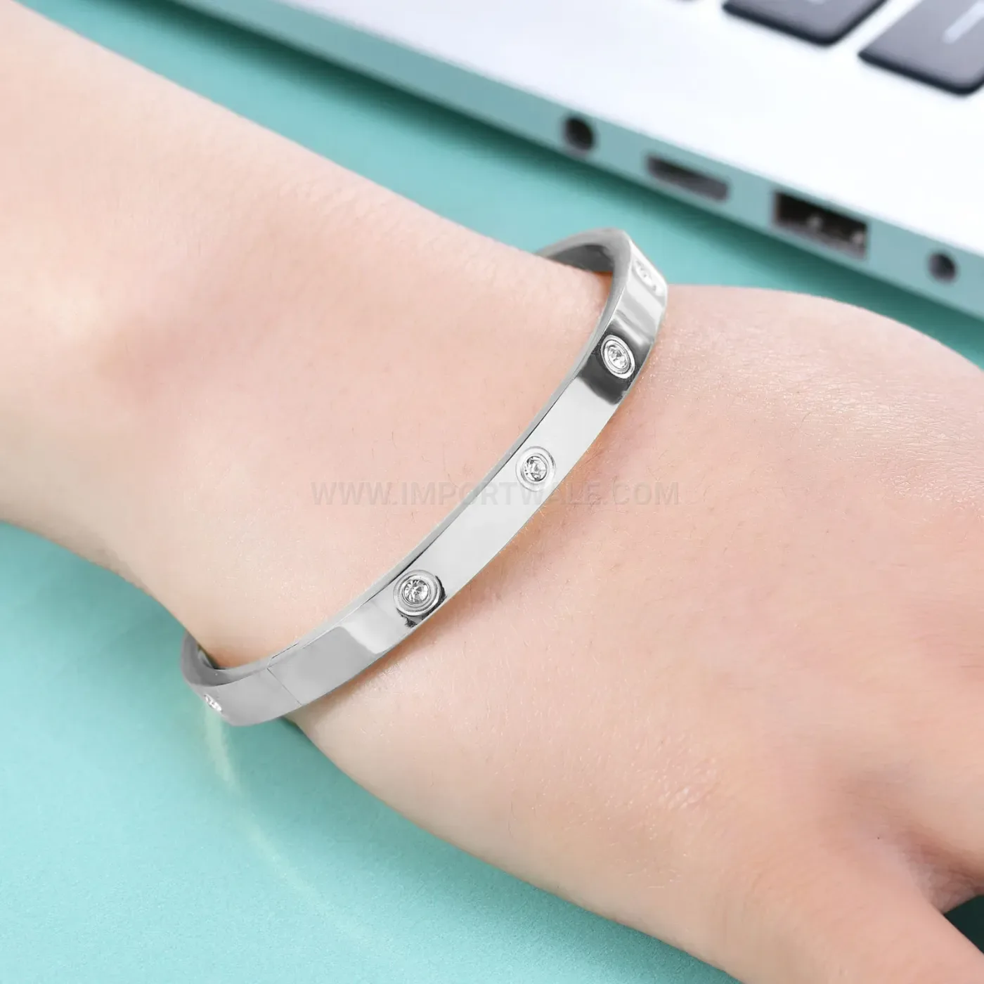 Fashion Minimalist Zircon Open Cuff Stainless Steel Bangle Bracelet
