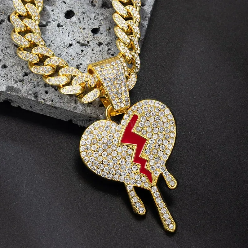 Stylish Crystal Pave Bleeding Broken Heart Alloy Cuban Necklace