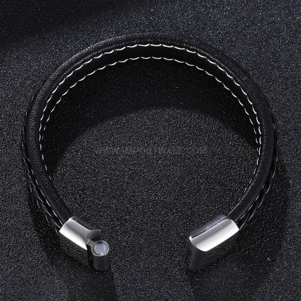 Textured Leather Bangle with Steel Magnetic Suction Clasp