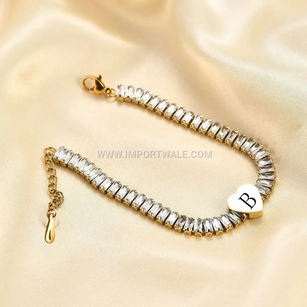 Gold Plated Stainless Steel Cubic Zirconia Heart Alphabet Bracelet