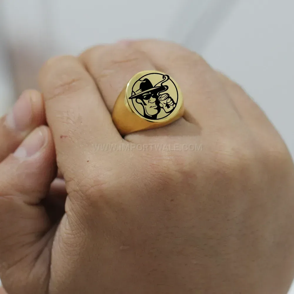 Elegant Laser Engraved Cartoon Stainless Steel Vintage Round Signet Ring