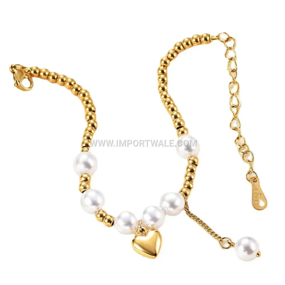 Polished Heart Charm Faux Pearl Beaded Bracelet