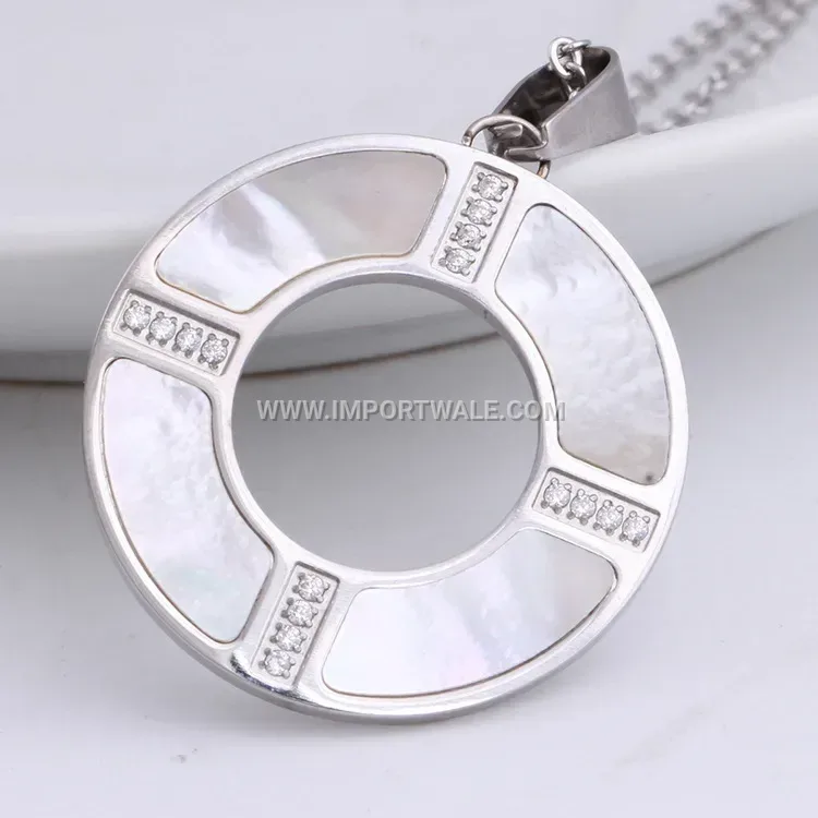 Layered Stainless Steel Shell Ring Pendant Necklace with Rhinestones