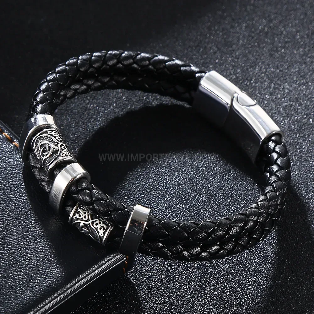 Textured Leather Cord Steel Wristband for Men