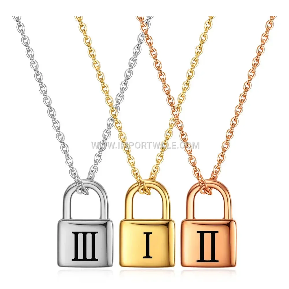 Engraved Roman Numeral Padlock Pendant Chain Necklace in Stainless Steel