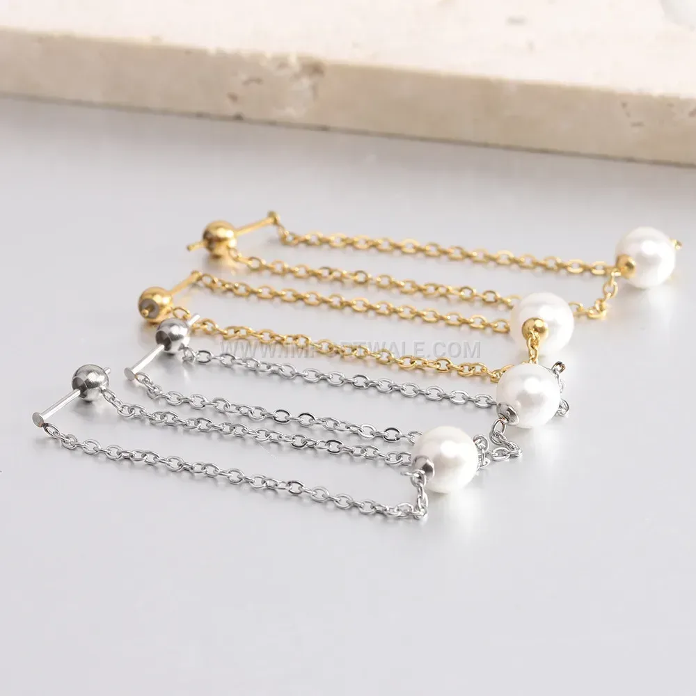Faux Pearl Long Tassel Chain Stainless Steel Earrings