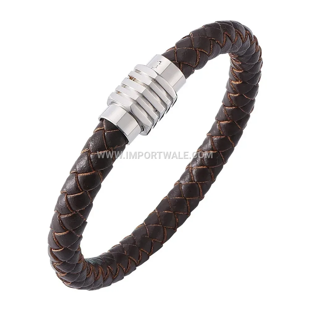 Men's Vintage Genuine Leather Stainless Steel Magnetic Clasp Wristband