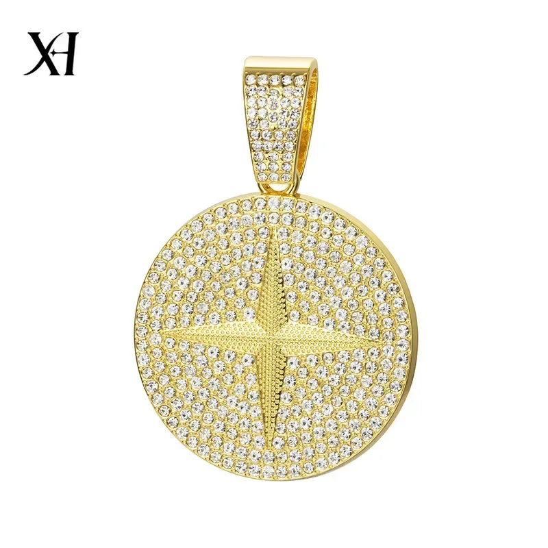 Elegant Iced Out Starburst Disc Alloy Pendant with Large Bail