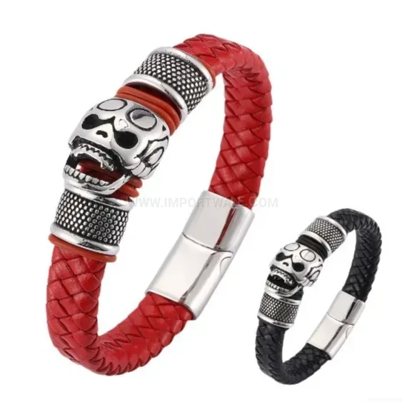 Stylish Braided Cowhide Leather Skull Stainless Steel Bangle Bracelet