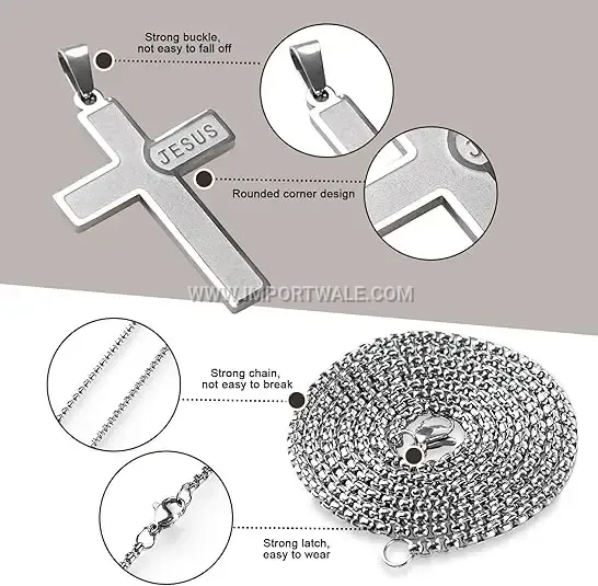 Titanium Steel Jesus Religious Cross Pendant Link Chain Necklace