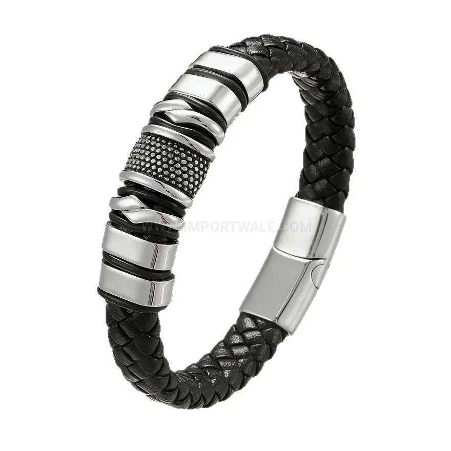 Designer Men Braided Leather Beaded Punk Bracelet with Magnetic Closure
