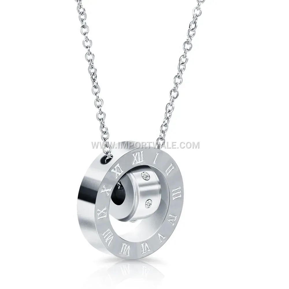 Roman Numeral Interlocking Double Ring Stainless Steel Pendant Necklace