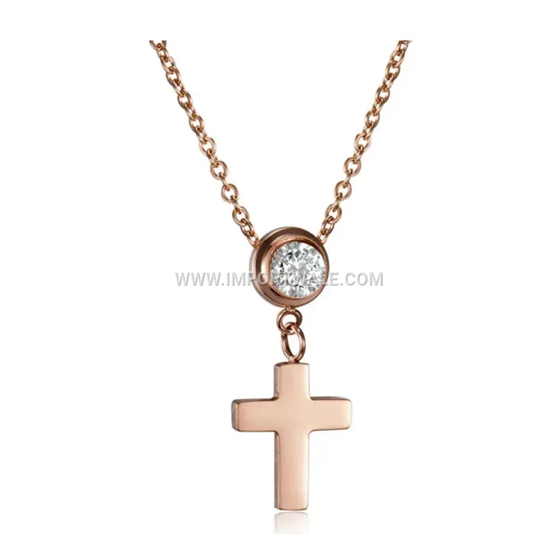 Layered Stainless Steel Cross Pendant Necklace Set with Cubic Zirconia