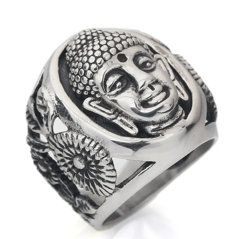 Bold Vintage Antique Stainless Steel Shakyamuni Buddha Face Statement Ring