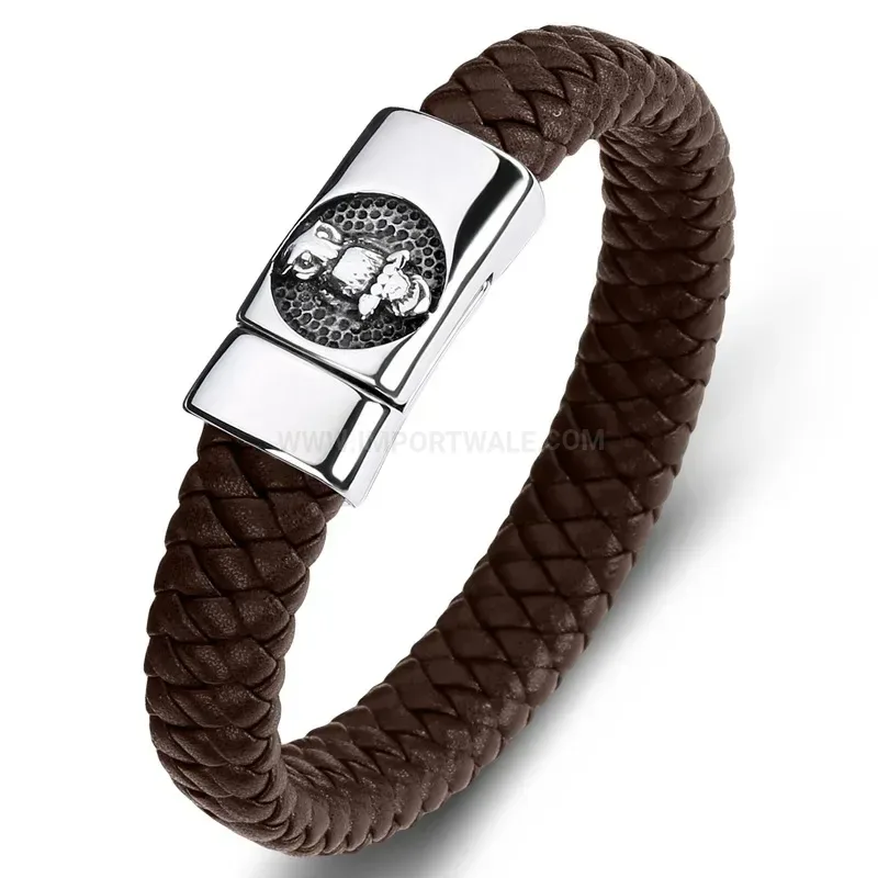 Fashion Stitched Braided Leather Stainless Steel Bird Motif Bracelet