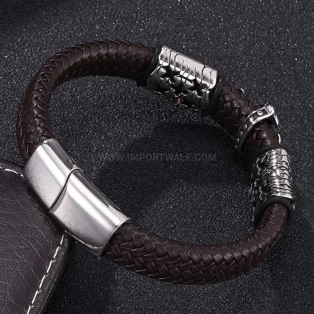 Handcrafted Leather Braided Bracelet with Vintage Stainless Steel Cross Clasp