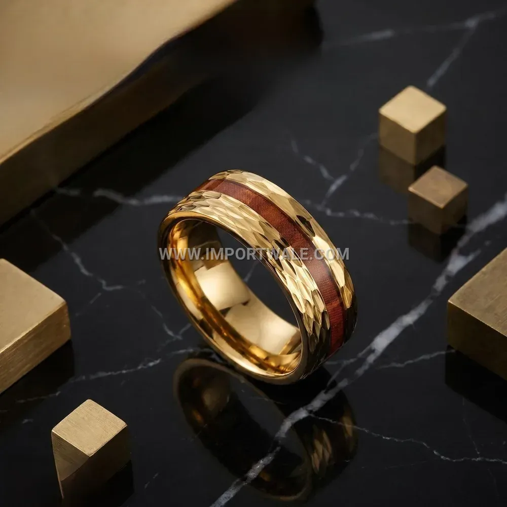 Geometric Engraved Wood Grain Inlay Stainless Steel Ring