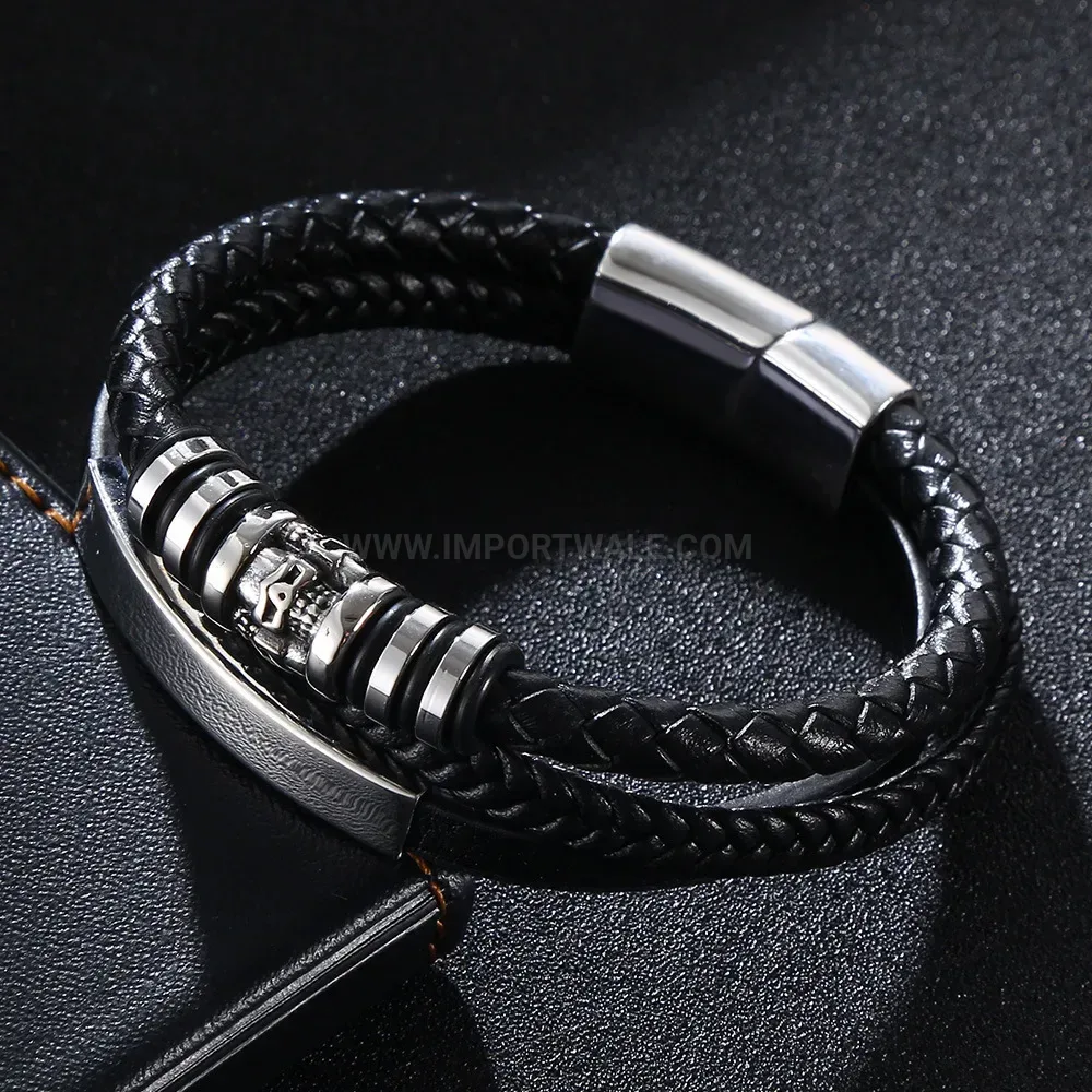 Viking Patterned Multi Strand Woven Leather Stainless Steel Bracelet