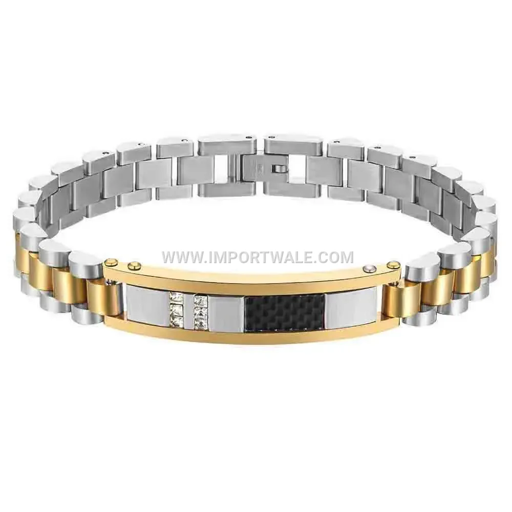 Stainless Steel Rhinestone Carbon Fiber Curved Link Watch Band Bracelet