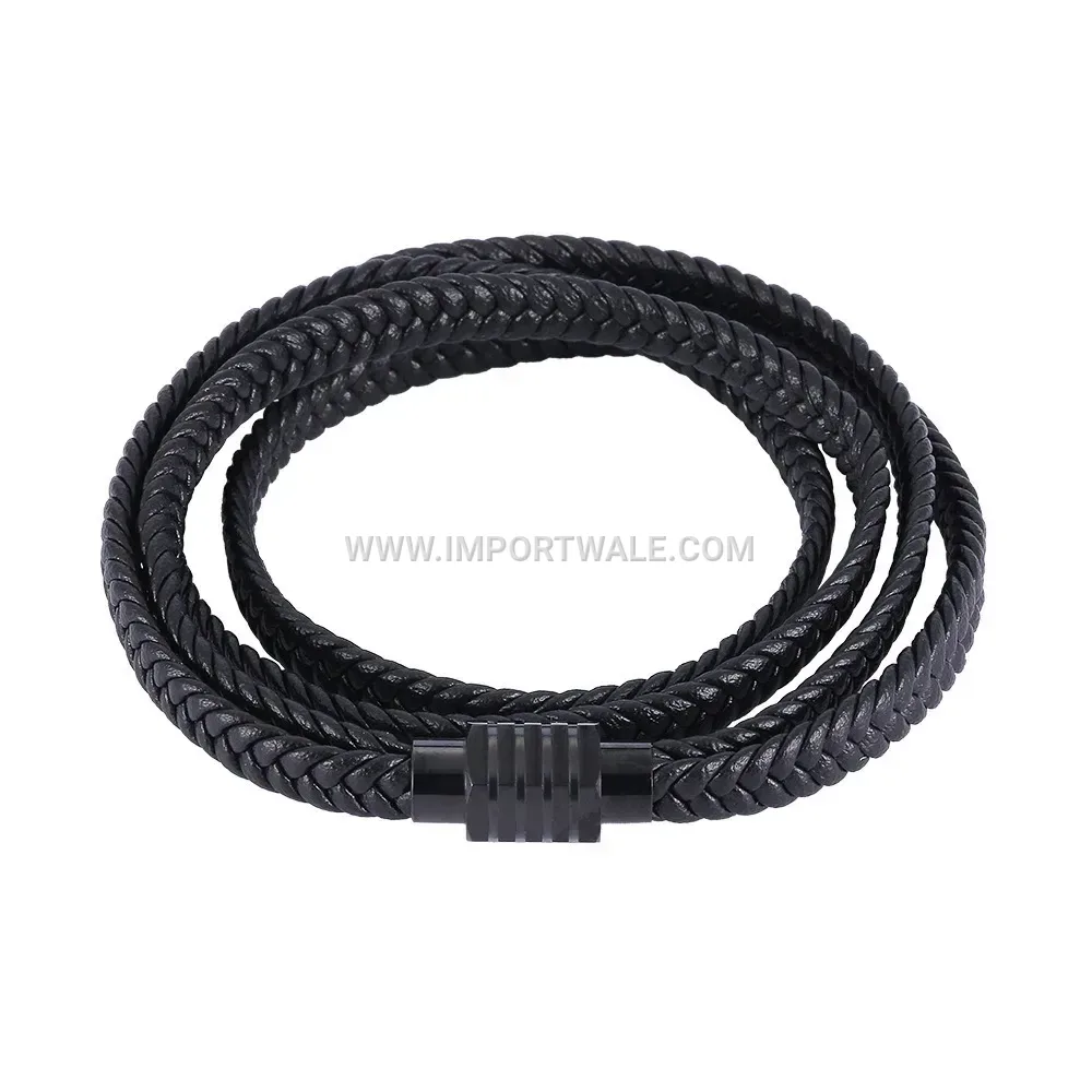Double Wrap Braided Black Leather Steel Cuff Bracelet