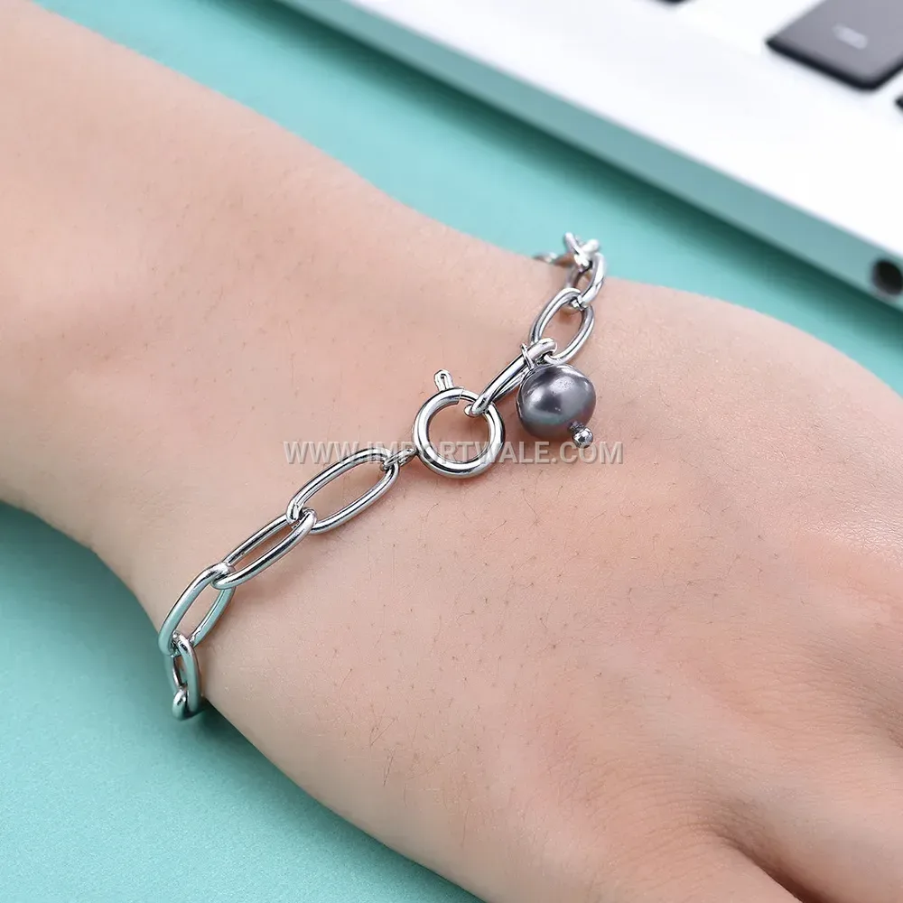 Minimalist Black Faux Pearl Paperclip Chain Stainless Steel Bracelet
