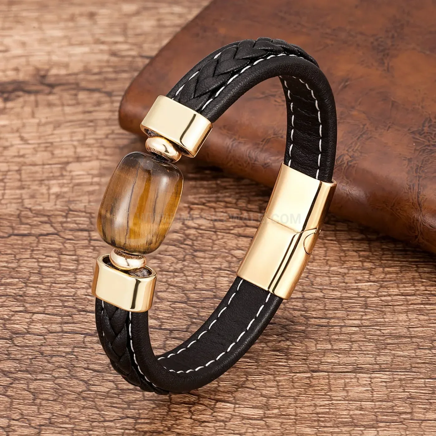 Retro Leather Cord and Natural Stone Bracelet With Stainless Steel Clasp