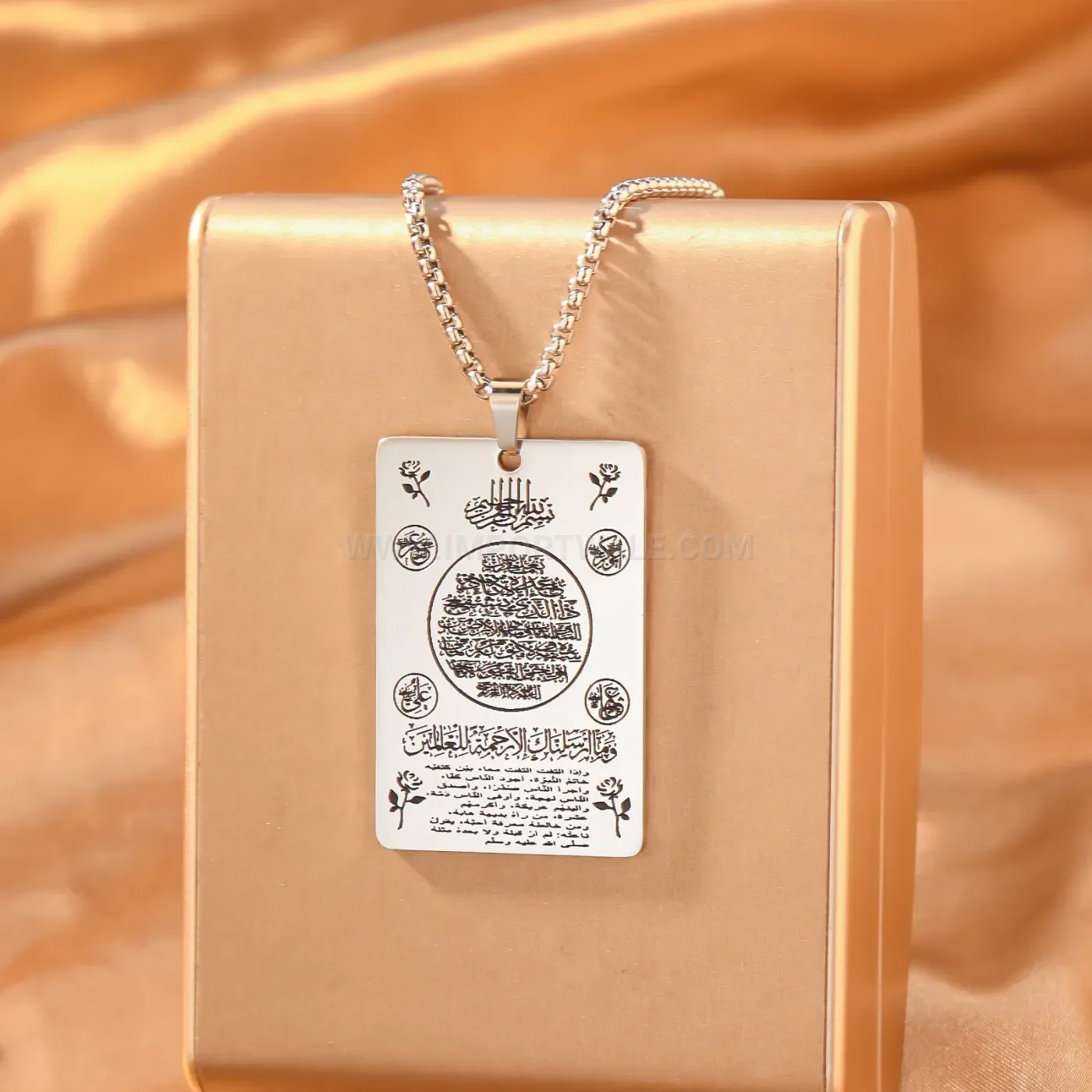 Stainless Steel Islamic Arabic Calligraphy Rose Plate Pendant Necklace
