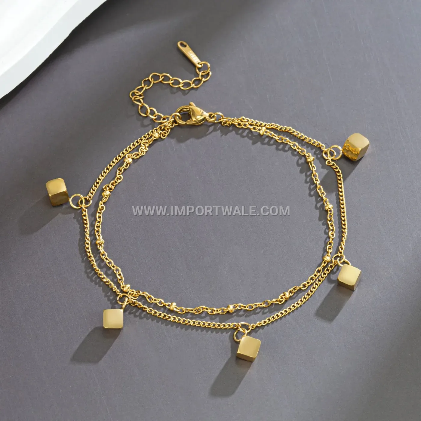 Double Layer Square Block Gold Plated Titanium Steel Anklet