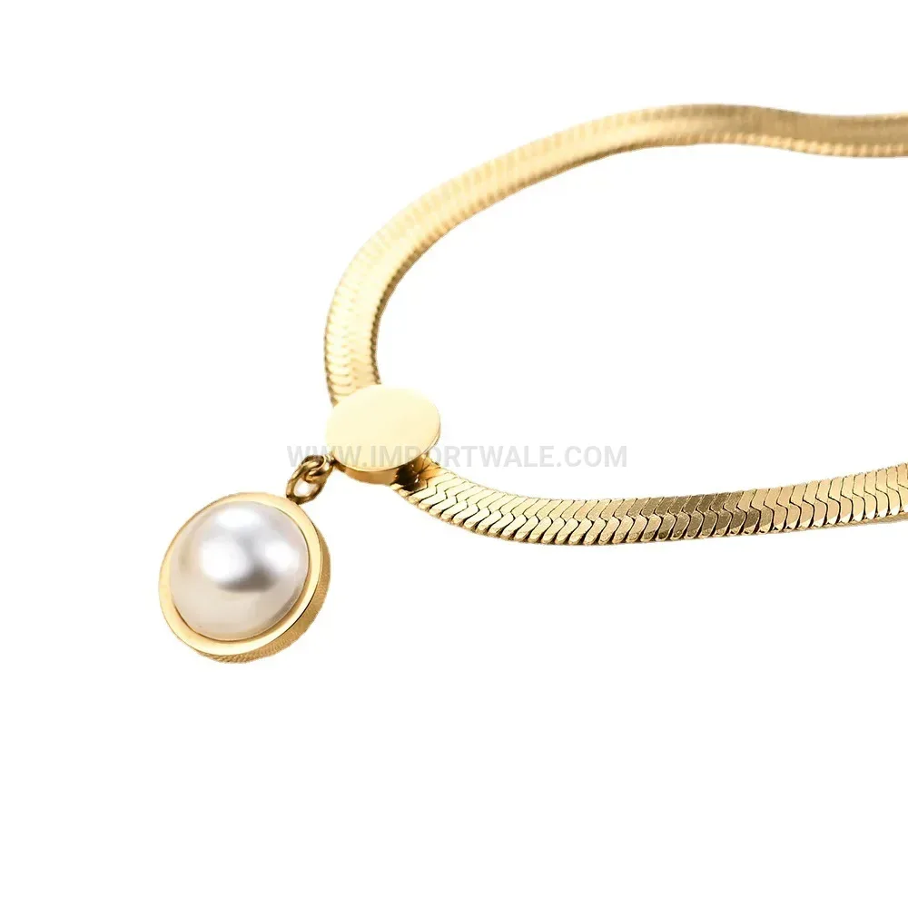 Flat Snake Chain Faux Pearl Stainless Steel Choker Necklace