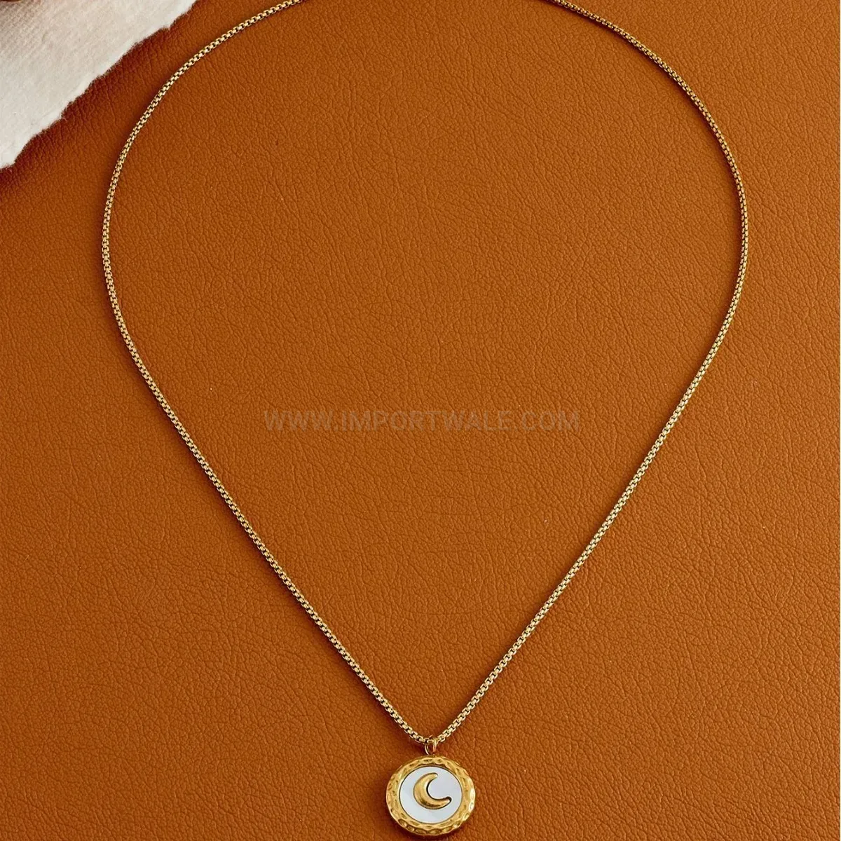 Trendy Gold Titanium Steel White Shell Moon Pendant Snake Chain Necklace