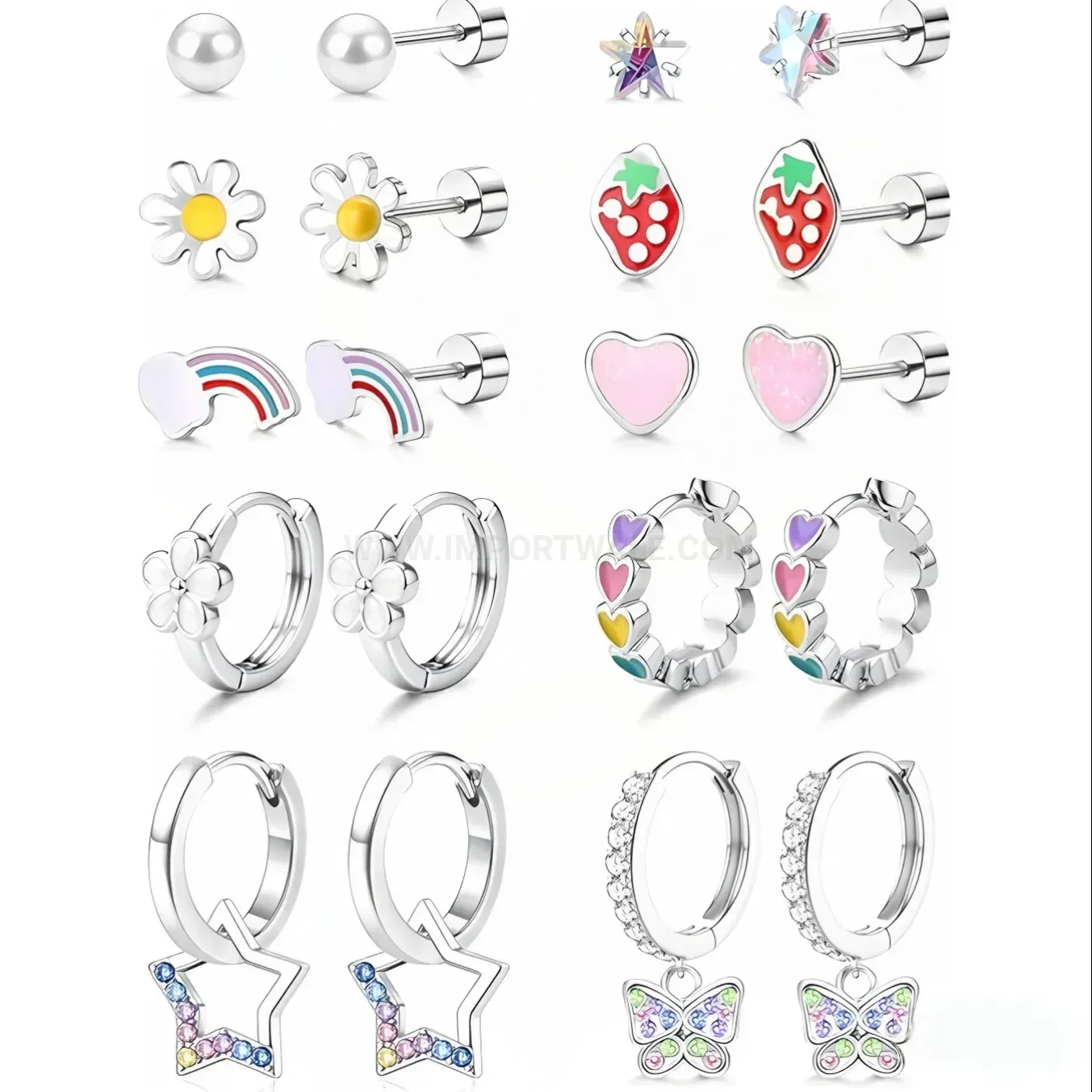 Classic Cute Strawberry Heart Stainless Steel Earring Set with Zircon Butterfly