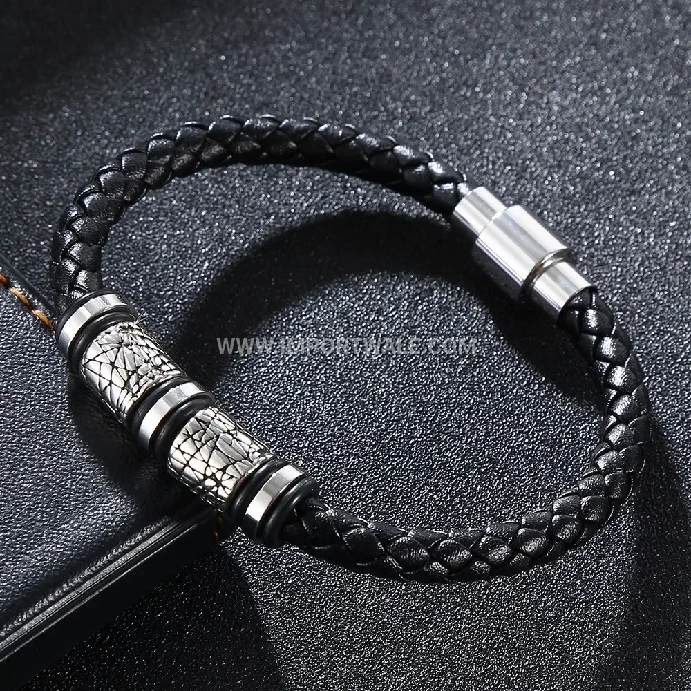 Beaded Braided Leather Wristband with Stainless Steel Accents