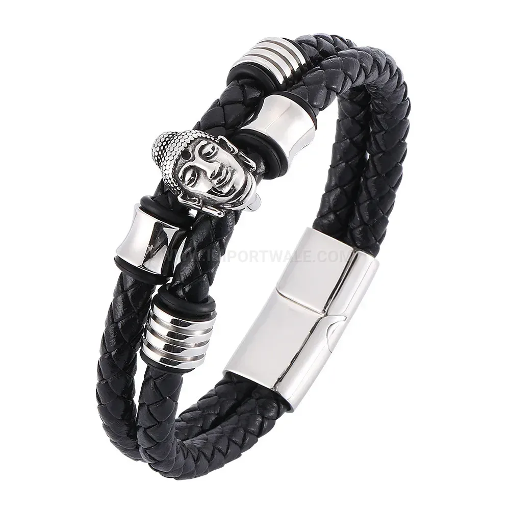 Trendy Buddha Emblem Stainless Steel and Leather Cord Wristband