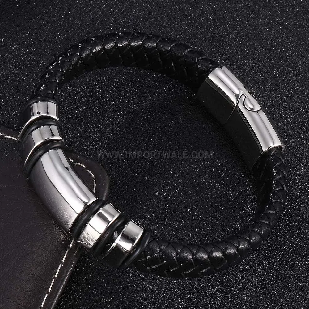 Geometric Stainless Steel Leather Bracelet with Laser Engraving