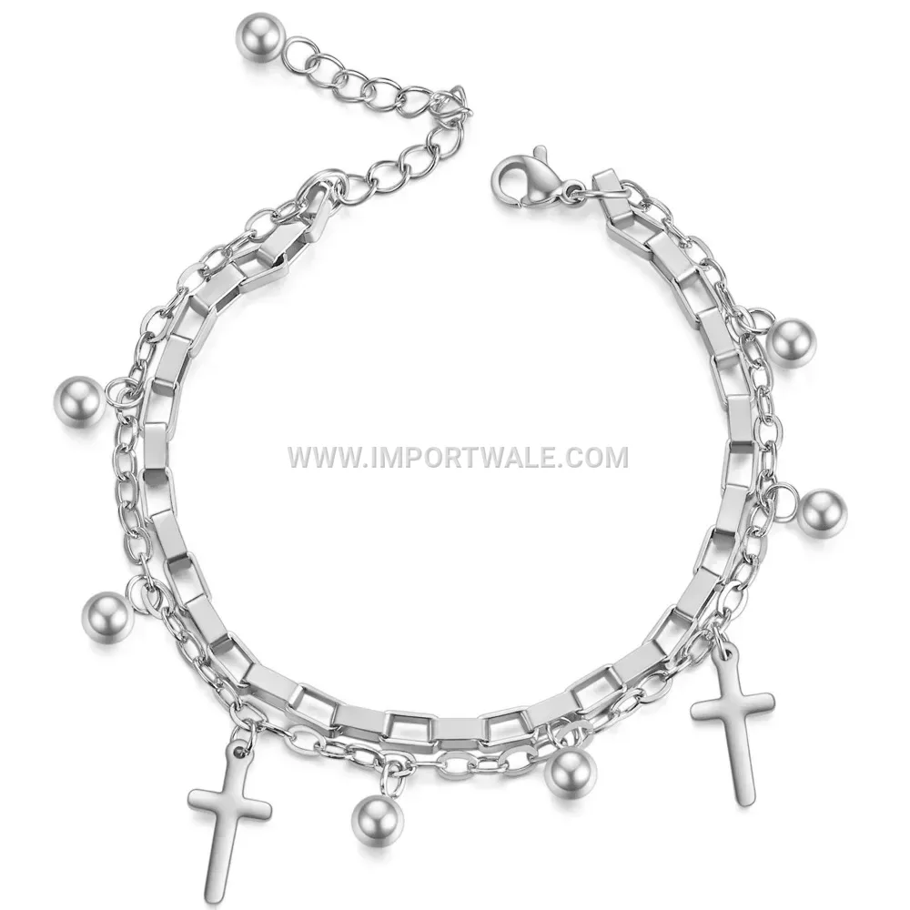 Double Layer Stainless Steel Bead and Cross Charm Chain Bracelet
