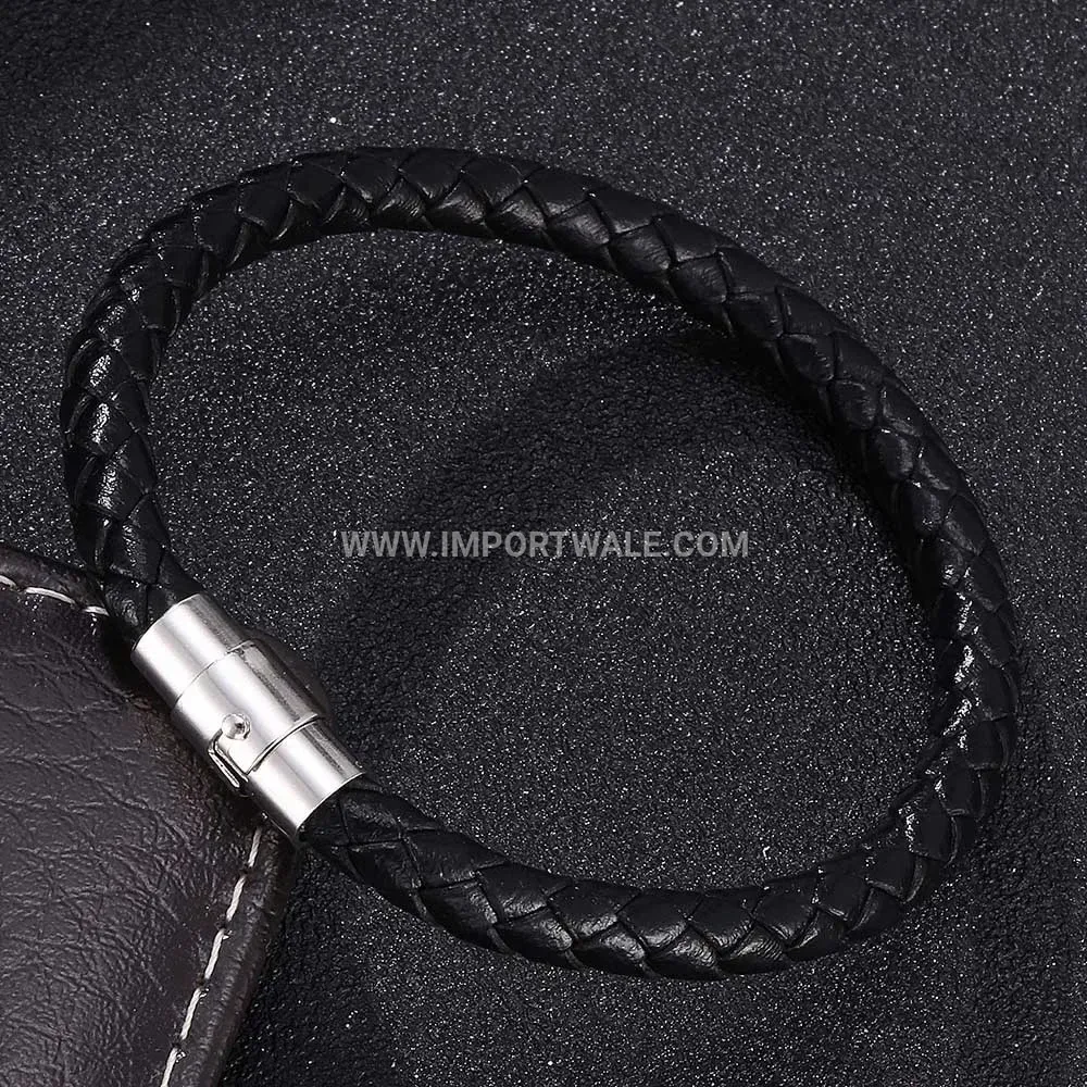 Braided Leather Cuff Bracelet with Metallic Magnetic Clasp