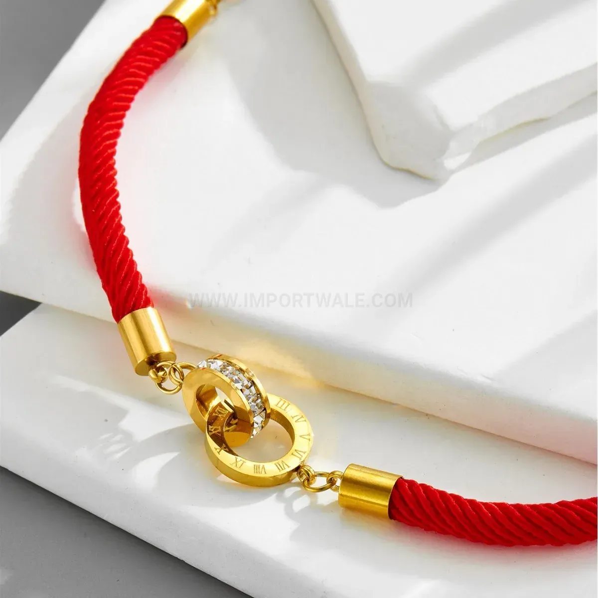 Woven Red Cord Roman Numeral Interlocking Double Ring Bracelet