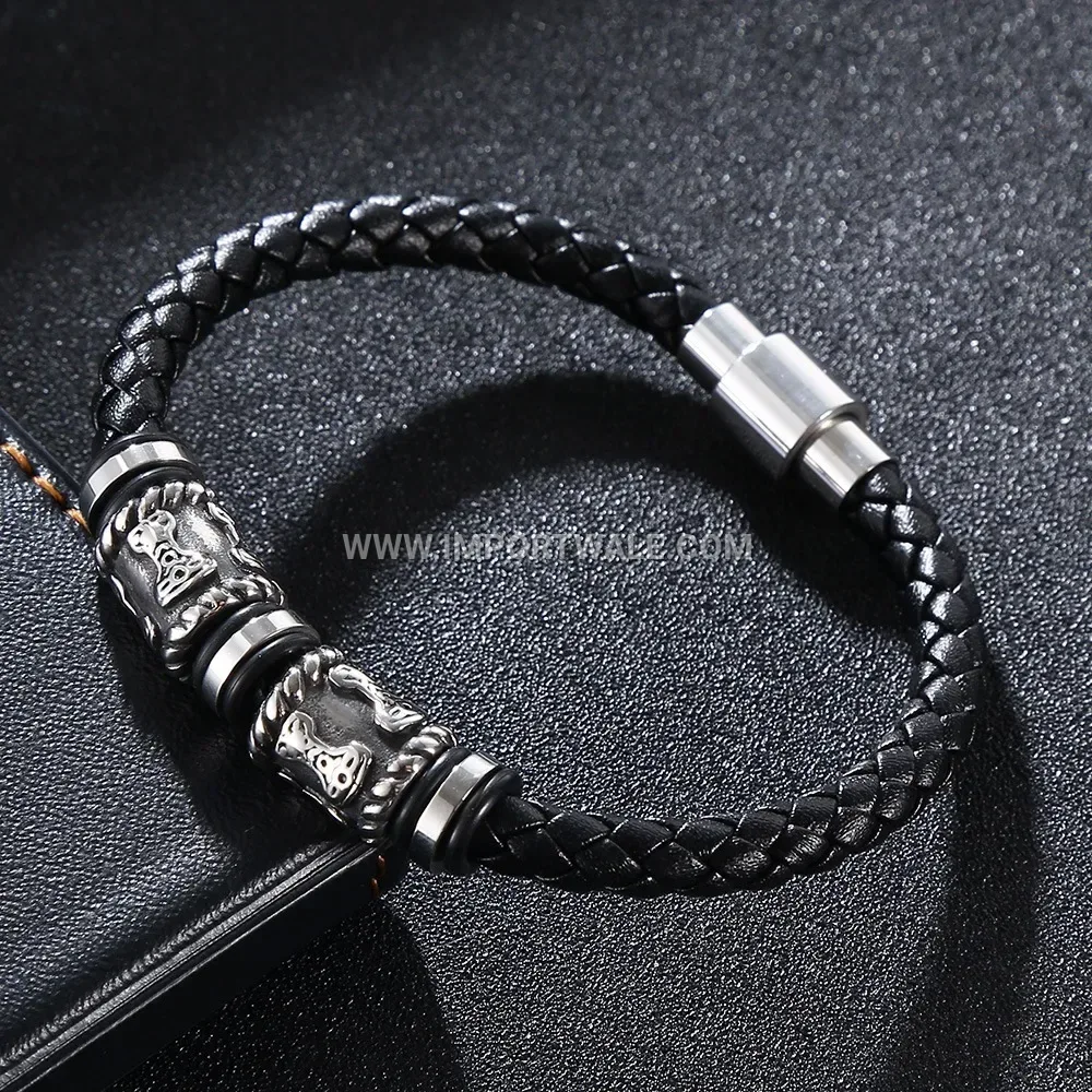 Handmade Leather and Stainless Steel Beaded Men Bracelet