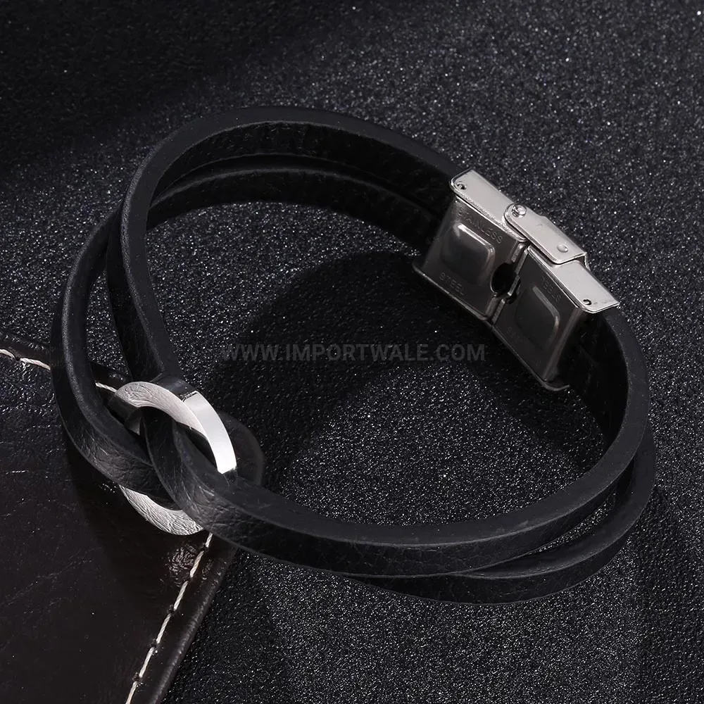 Double Strand Leather Cord Bracelet With Stainless Steel Safety Clasp