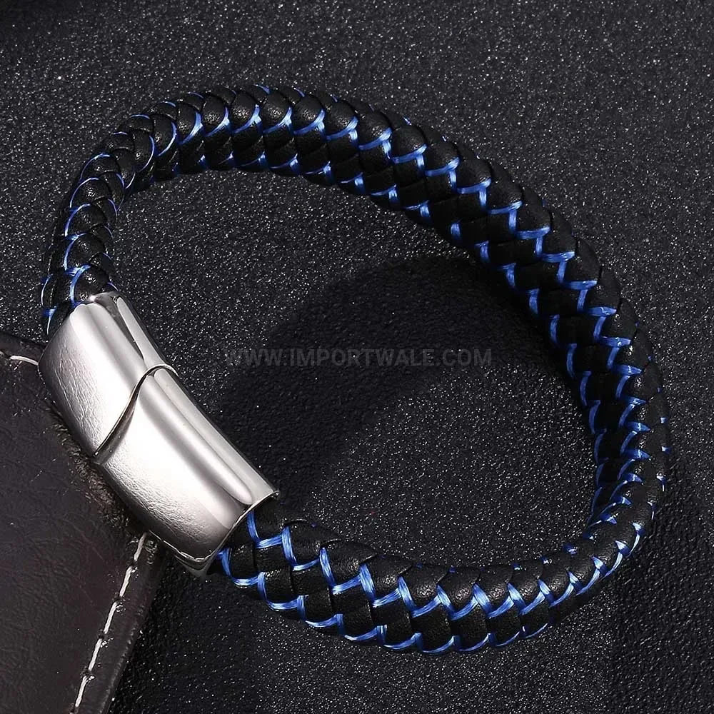 Threaded Leather Cord Bracelet with Stainless Steel Magnetic Clasp