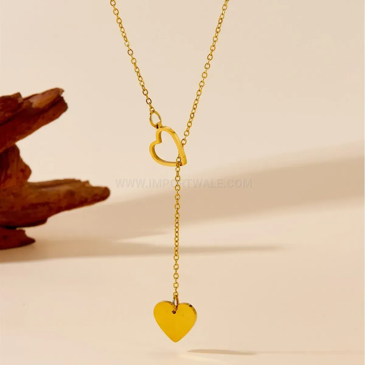 Designer Double Heart Titanium Steel Y Necklace with Vacuum Gold Plating