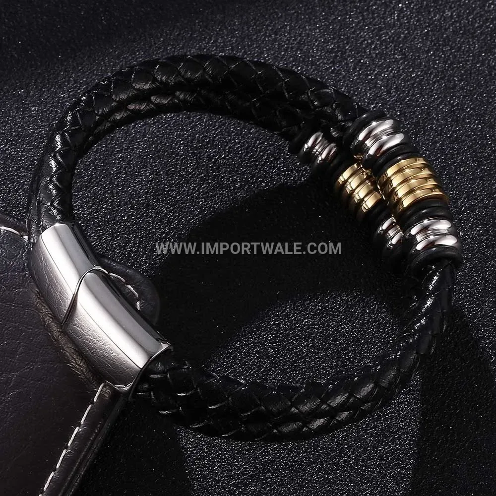 Handcrafted Double Layer Woven Leather Stainless Steel Men Bracelet