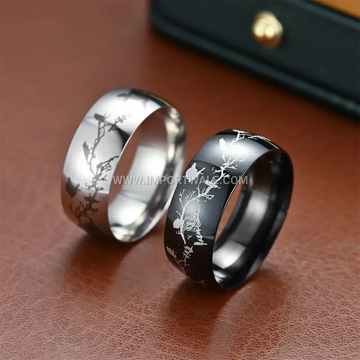 Stainless Steel Laser Engraved Bird Branch Band Ring
