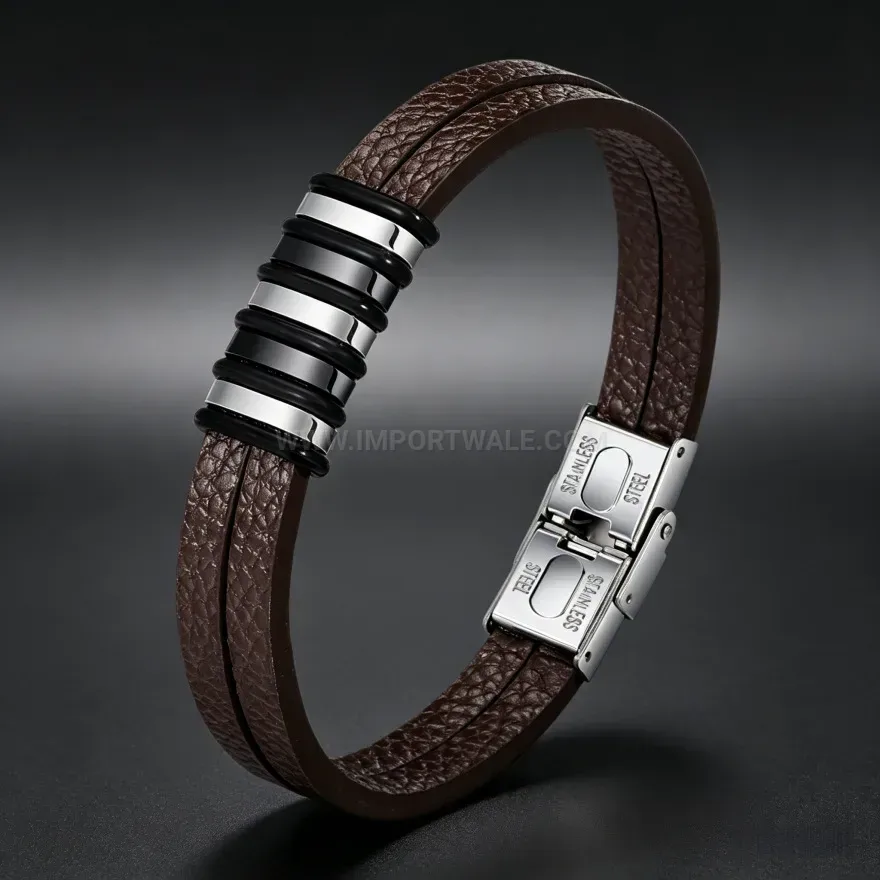 Trendy Sleek Microfiber Leather Bracelet With Stainless Accent